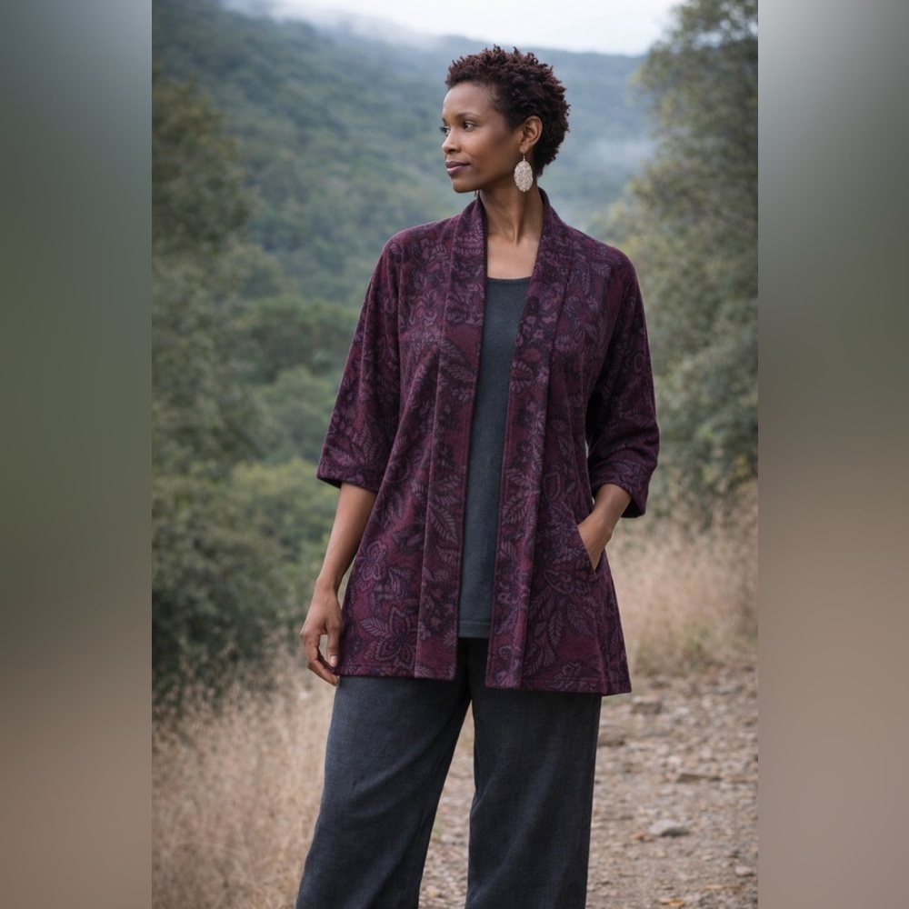 Bryn Walker Womens Margo Coat XS Plum Floral Paisley Organic Cotton Bamboo Blend